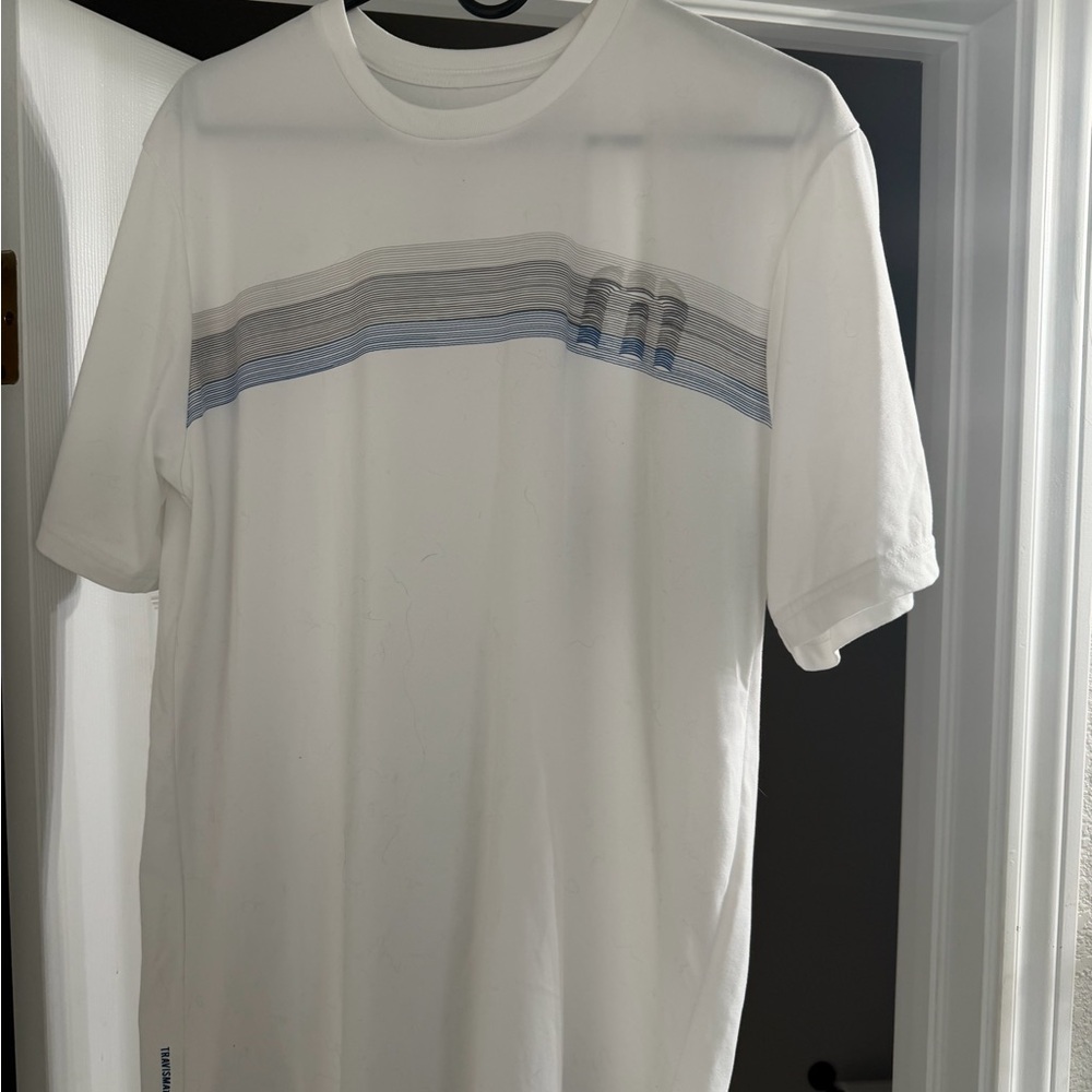 Travis Mathew White Tee with Blue and Gray Stripes